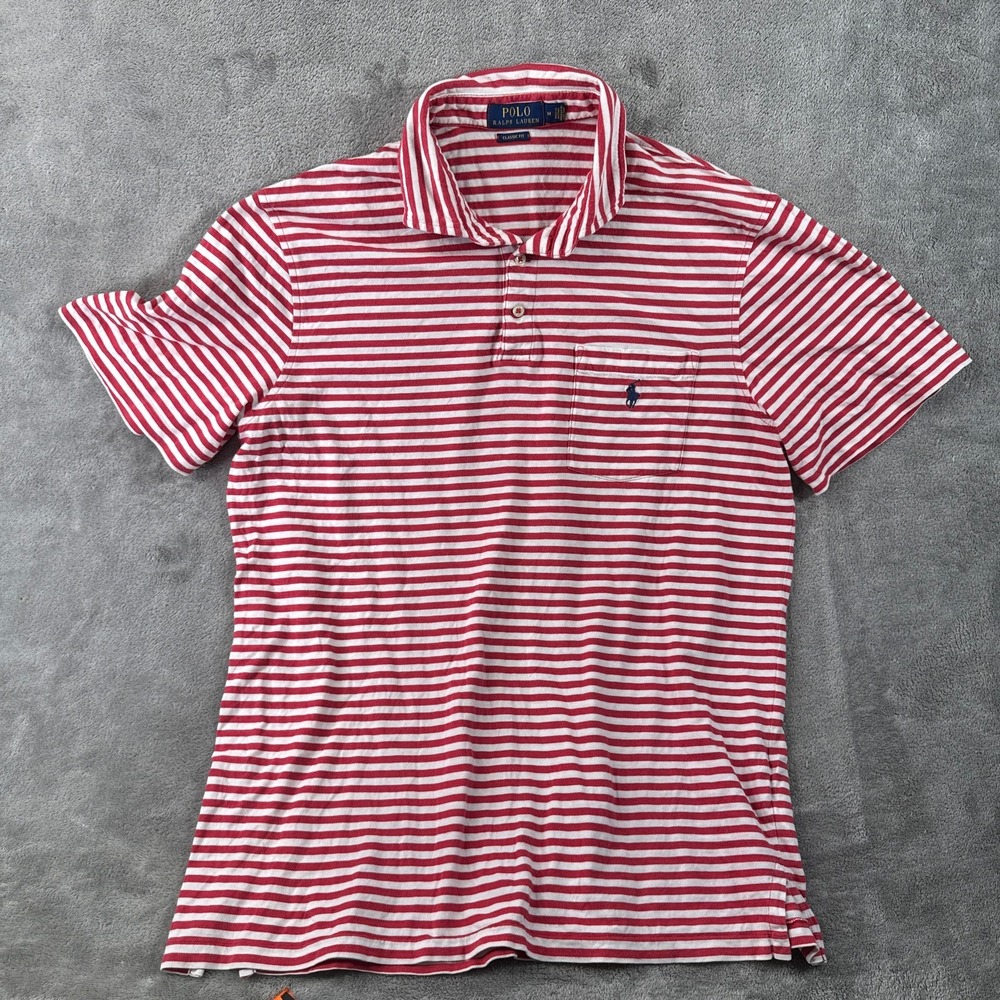 Polo Ralph Lauren Polo Shirt Mens M Red Striped Classic Fit Pocket Short Sleeve